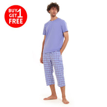 Load image into Gallery viewer, Men summer pajama set Light blue T-shirt + light blue x White Checkered Pantacor