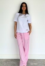 Load image into Gallery viewer, Women summer pajama set White Tee + Pink Gingham Pants