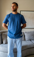 Load image into Gallery viewer, Men summer pajama set Indigo T-shirt + Sky blue X Navy Checkered Pants
