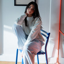 Load image into Gallery viewer, Women Winter Pajama Set Off White Sweatshirt + Baby Blue Stripes Pants