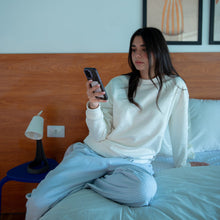 Load image into Gallery viewer, Women Winter Pajama Set Off White Sweatshirt + Baby Blue Stripes Pants
