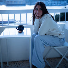 Load image into Gallery viewer, Women Winter Pajama Set Off White Sweatshirt + Baby Blue Stripes Pants