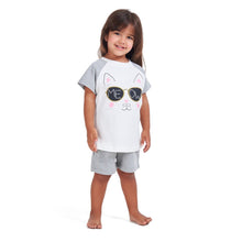 Load image into Gallery viewer, Girls summer pajama set Cat t-shirt + Grey shorts