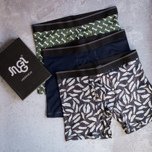 Load image into Gallery viewer, 3 pack men boxer Bones+Feathers+Dark blue shorts lycra