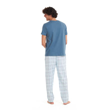 Load image into Gallery viewer, Men summer pajama set Petroleum T-shirt + Light Blue checkered pants