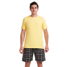 Load image into Gallery viewer, Men summer pajama set Yellow T-shirt + Black x yellow checkered shorts