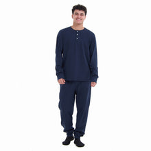 Load image into Gallery viewer, Men Fall Pajama Set Dark Blue Buttoned Sweatshirt + Pants