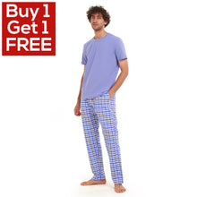 Load image into Gallery viewer, Men summer pajama set Light BlueT-shirt + light blue x White Checkered Pants