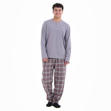 Load image into Gallery viewer, Men Fall Pajama Set Light Grey Buttoned Sweatshirt + Maroon x Light grey checkered Pants