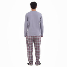 Load image into Gallery viewer, Men Fall Pajama Set Light Grey Buttoned Sweatshirt + Maroon x Light grey checkered Pants