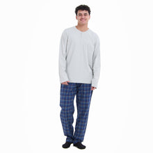 Load image into Gallery viewer, Men Fall Pajama Set Light Grey Buttoned Sweatshirt + Dark blue x Light grey checkered Pants