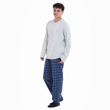 Load image into Gallery viewer, Men Fall Pajama Set Light Grey Buttoned Sweatshirt + Dark blue x Light grey checkered Pants