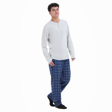 Load image into Gallery viewer, Men Fall Pajama Set Light Grey Buttoned Sweatshirt + Dark blue x Light grey checkered Pants