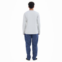Load image into Gallery viewer, Men Fall Pajama Set Light Grey Buttoned Sweatshirt + Dark blue x Light grey checkered Pants