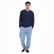 Load image into Gallery viewer, Men Fall Pajama Set Dark Blue Buttoned Sweatshirt + Light grey x Blue checkered Pants