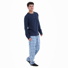 Load image into Gallery viewer, Men Fall Pajama Set Dark Blue Buttoned Sweatshirt + Light grey x Blue checkered Pants