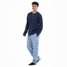 Load image into Gallery viewer, Men Fall Pajama Set Dark Blue Buttoned Sweatshirt + Light grey x Blue checkered Pants