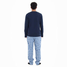 Load image into Gallery viewer, Men Fall Pajama Set Dark Blue Buttoned Sweatshirt + Light grey x Blue checkered Pants