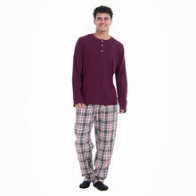 Load image into Gallery viewer, Men Fall Pajama Set Dark Red Buttoned Sweatshirt + Dark red x Grey checkered Pants