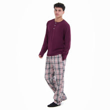 Load image into Gallery viewer, Men Fall Pajama Set Dark Red Buttoned Sweatshirt + Dark red x Grey checkered Pants