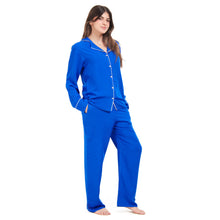 Load image into Gallery viewer, Women summer pajama set Royal Blue buttoned shirt + Pants