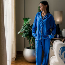 Load image into Gallery viewer, Women summer pajama set Royal Blue buttoned shirt + Pants