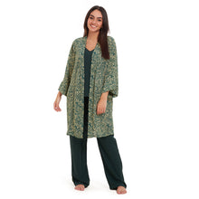 Load image into Gallery viewer, Women summer 3 piece pajama set Green zebra pattern kimono + Dark green top & Pants