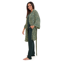 Load image into Gallery viewer, Women summer 3 piece pajama set Green zebra pattern kimono + Dark green top & Pants