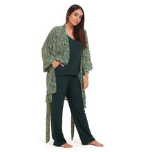 Load image into Gallery viewer, Women summer 3 piece pajama set Green zebra pattern kimono + Dark green top & Pants