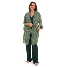 Load image into Gallery viewer, Women summer 3 piece pajama set Green zebra pattern kimono + Dark green top & Pants
