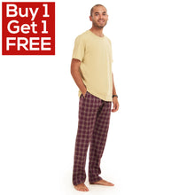 Load image into Gallery viewer, Men summer pajama set khaki T-shirt + Maroon Checkered Pants