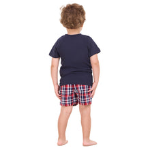 Load image into Gallery viewer, Boys summer pajama set Dark Blue t-shirt +Dark Blue x Red Checkered shorts