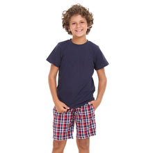 Load image into Gallery viewer, Boys summer pajama set Dark Blue t-shirt +Dark Blue x Red Checkered shorts