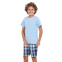 Load image into Gallery viewer, Boys summer pajama set Light Blue t-shirt +Light Blue x Dark Blue Checkered shorts