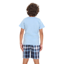 Load image into Gallery viewer, Boys summer pajama set Light Blue t-shirt +Light Blue x Dark Blue Checkered shorts