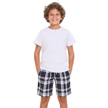 Load image into Gallery viewer, Boys summer pajama set Light Grey t-shirt +Dark Bue x White Checkered shorts