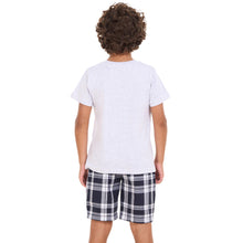 Load image into Gallery viewer, Boys summer pajama set Light Grey t-shirt +Dark Bue x White Checkered shorts