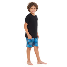 Load image into Gallery viewer, Boys summer pajama set Black t-shirt +Squared Blue shorts