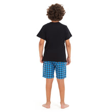 Load image into Gallery viewer, Boys summer pajama set Black t-shirt +Squared Blue shorts