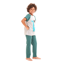 Load image into Gallery viewer, Boys summer pajama set Light blue dinasour t-shirt +Green pants