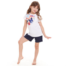 Load image into Gallery viewer, Girls summer pajama set Flowers t-shirt + Navy shorts