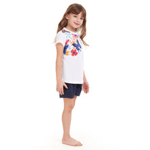 Load image into Gallery viewer, Girls summer pajama set Flowers t-shirt + Navy shorts