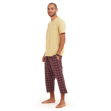 Load image into Gallery viewer, Men summer pajama set Khaki T-shirt +Maroon Checkered Pantacor