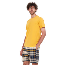 Load image into Gallery viewer, Men summer pajama set Mustard T-shirt + Navy Blue x White Checkered short