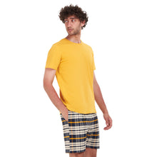 Load image into Gallery viewer, Men summer pajama set Mustard T-shirt + Navy Blue x White Checkered short