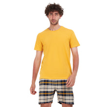 Load image into Gallery viewer, Men summer pajama set Mustard T-shirt + Navy Blue x White Checkered short