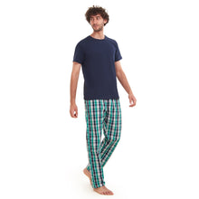Load image into Gallery viewer, Men summer pajama set Navy T-shirt + Green X Navy checkered Pants
