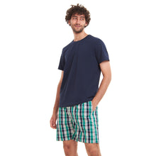 Load image into Gallery viewer, Men summer pajama set Navy T-shirt + Green X Navy Checkered shorts