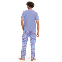 Load image into Gallery viewer, Men summer pajama set Light BlueT-shirt + light blue x White Checkered Pants