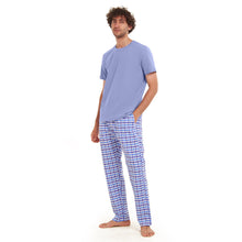 Load image into Gallery viewer, Men summer pajama set Light BlueT-shirt + light blue x White Checkered Pants